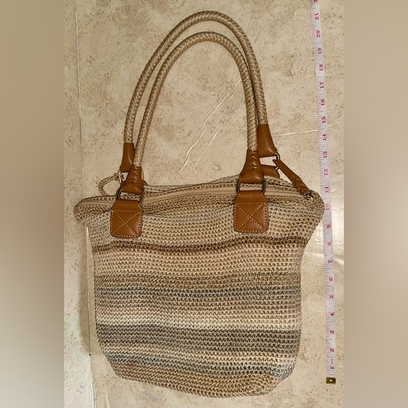 The Sak Cambria Crochet Woven Shoulder Bag Tote Sand Stripe - Picture 8 of 13